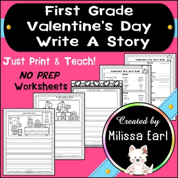 Preview of First Grade Valentine's Day Write A Story Picture Prompts Word Bank Vocabulary
