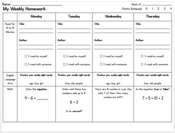 first grade weekly homework