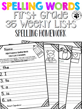 Preview of First Grade Weekly Spelling Lists Homework