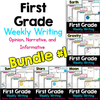 Preview of First Grade Weekly Writing Bundle #1 (opinion, narrative, informative)