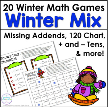 Preview of First Grade Winter Math Games -  Missing Addends, 120 Chart, More