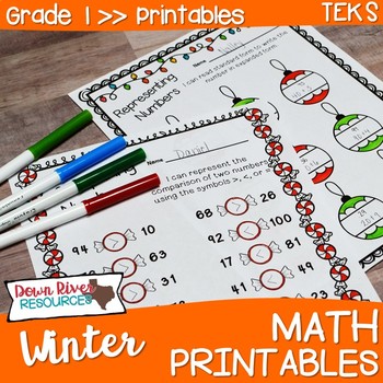 Preview of First Grade Winter Math No Prep Printables {TEKS/CCSS}