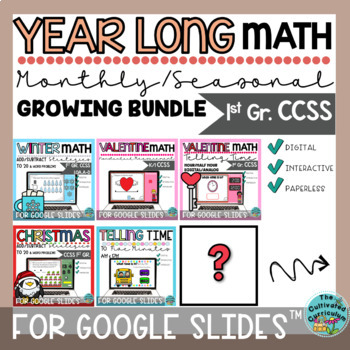Preview of First Grade Year Long Seasonal Math Google Slides™ BUNDLE