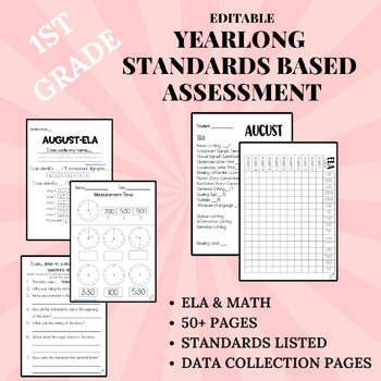 Preview of First Grade Year Long (Standards Based) Assessment *Editable*