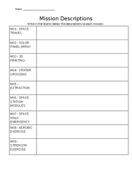 Preview of First Lego League - Into Orbit Mission Descriptions Worksheet