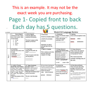 Quarter 1- Middle School ELA Warm Up- Language Arts Bell Work 6th grade