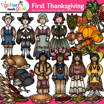 Preview of First Thanksgiving Clipart: 53 Pilgrims & Indigenous Clip Art Black & White PNG