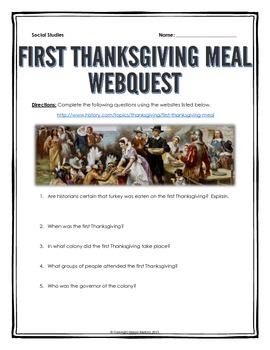 Preview of First Thanksgiving Meal - Webquest with Key