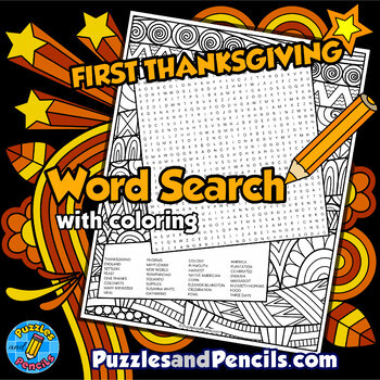 Preview of First Thanksgiving Word Search Puzzle Activity Page with Coloring | Harvest