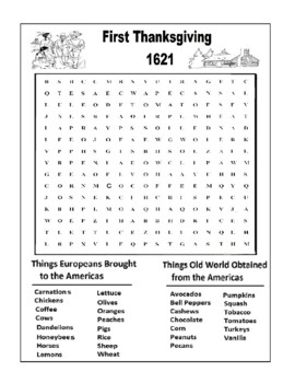 Preview of First Thanksgiving Word Search - What New World Gave, What Europeans Gave