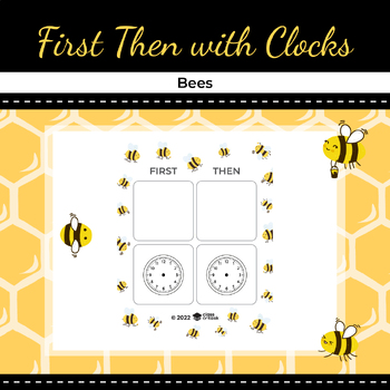 Preview of First, Then Board with Clocks - Bee Theme