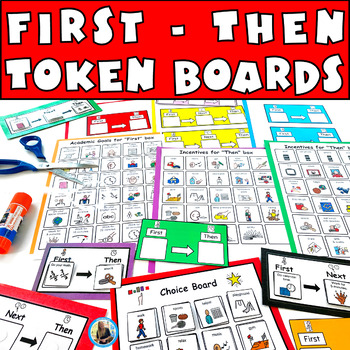 Preview of First Then Visual Schedule Autism Behavior Management Tracker Charts Token Board