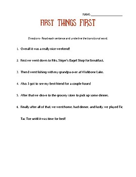 First Things First Transition Word Worksheet by Fern and ...
