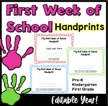 Preview of First Week of School Handprint Pre-K, Kindergarten, or First Grade Editable Year