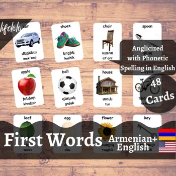 Preview of First Words - ARMENIAN English Bilingual Flash Cards | Baby Words | 48 Cards
