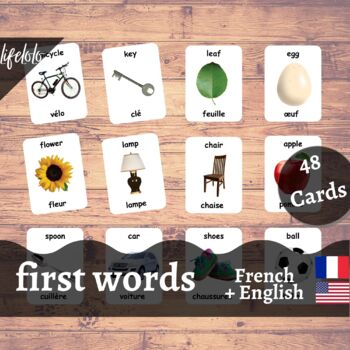Preview of First Words - FRENCH English Bilingual Flash Cards | Baby Words | 48 Cards
