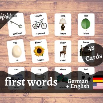 Preview of First Words - GERMAN English Bilingual Flash Cards | Baby Words | 48 Cards