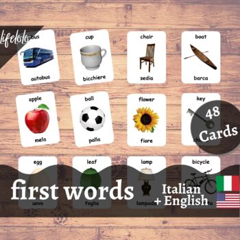 Preview of First Words - ITALIAN English Bilingual Flash Cards | Baby Words | 48 Cards