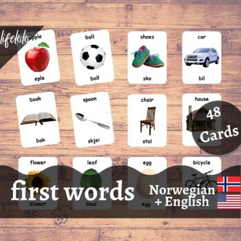 Preview of First Words - NORWEGIAN English Bilingual Flash Cards | Baby Words | 48 Cards