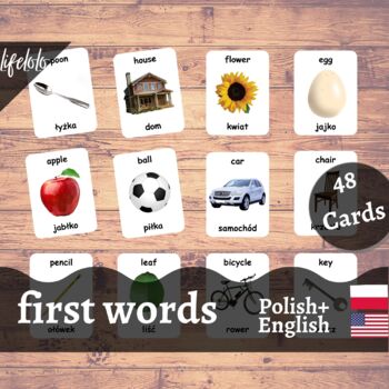Preview of First Words - POLISH English Bilingual Flash Cards | Baby Words | 48 Cards