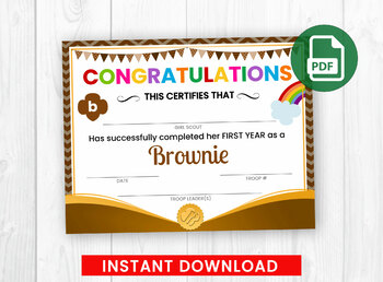 Preview of First Year of BROWNIE Completion Certificate, Brownie Investiture Girl Scout PDF