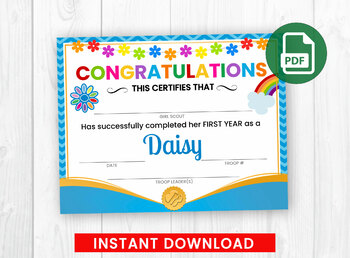 Preview of First Year of DAISIES Completion Certificate, Daisy Investiture Girl Scouts PDF