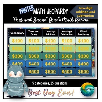 Preview of First and Second Grade Two Digit Addition and Subtraction Review Game - Jeopardy