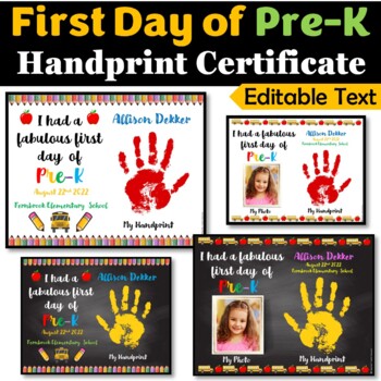 Preview of First day of Pre-K Handprint Certificate, First Week of School Activities