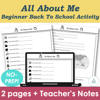 Preview of Beginner All About Me Worksheets - First Day of School ESL Icebreaker Activity