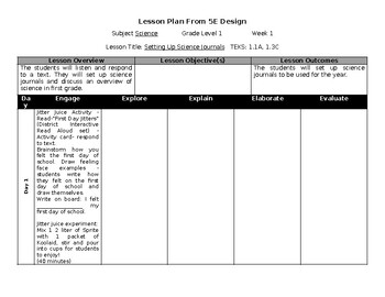 Preview of First grade 5E lesson plan BOY