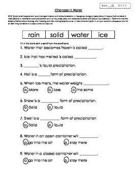 Preview of First grade assessment for seasonal changes in water