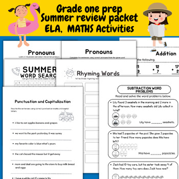 Preview of First grade prep summer review practice packet Ela and math activities