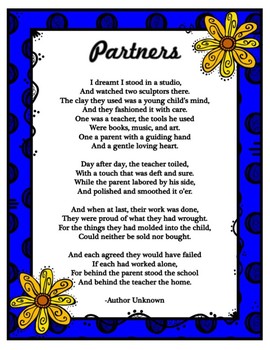 First or End of the Year Teacher to Parent PARTNER POEM by Zona Creations