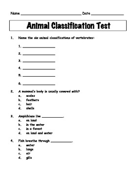 First or Second Grade Animal Classification Test ...