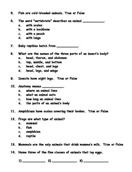 First or Second Grade Animal Classification Test / Assessment | TpT