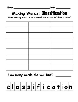 Preview of First or Second Grade Animal Classification Worksheet Making Words