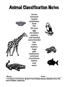 First or Second Grade Forms / Worksheets for Notes on Animal Classification