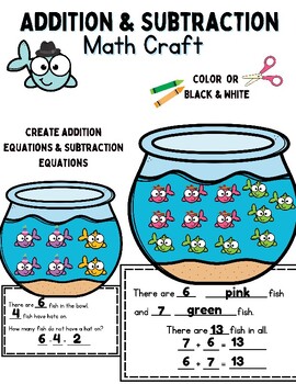 Preview of Fish Addition + Subtraction Math Craft + Fact Families + Word Problem