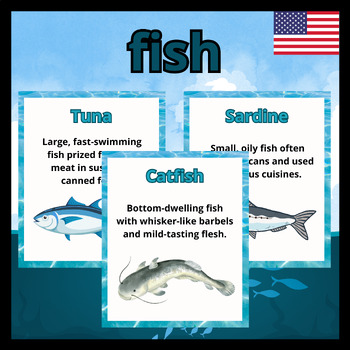 Preview of Fish Flash Cards For Kids, English Fun Facts, Printables, Good Quality.