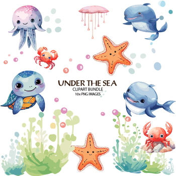 Preview of Fish clipart, watercolor fish under the sea clip art, Dolphin clipart, Marine an
