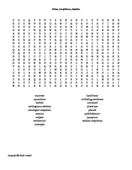 Fishes, Amphibians, and Reptiles Word Search for Middle School Science