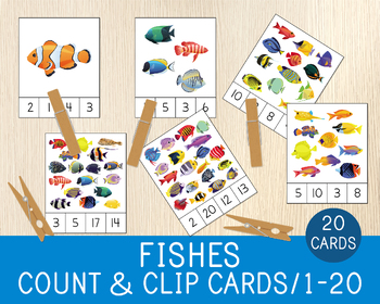Preview of Fishes Count and Clip Cards, Counting Cards, # 1 - 20, Summer Activity, Numbers