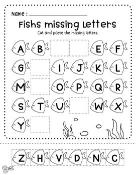 Fishs Cut & Paste Missing Letters Preschool Printable Worksheets