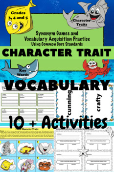 Preview of Printable Distance Learning Vocabulary Character Trait Synonym Games:  Gr 3-5