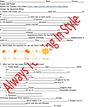 Preview of Fission and Fusion Video Worksheet