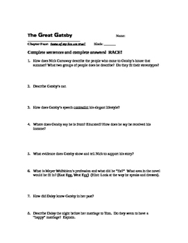 Fitzgerald The Great Gatsby Chapter 4 Study Questions Free Tpt