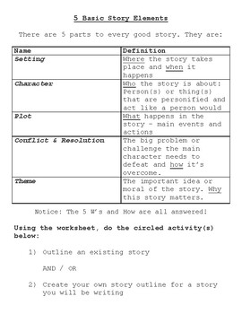 Preview of Five ( 5 ) Basic Story Elements: Simple Lesson Assignment and Outline Worksheet