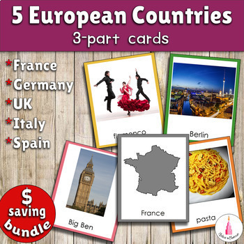 Preview of European Countries Montessori 3-part Cards Bundle