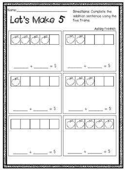 Five Frame Addition Worksheets by Ashley Fredrick | TpT