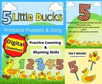 Preview of Five Little Ducks printable puppets & Song Poster Great for Felt Board Print PDF
